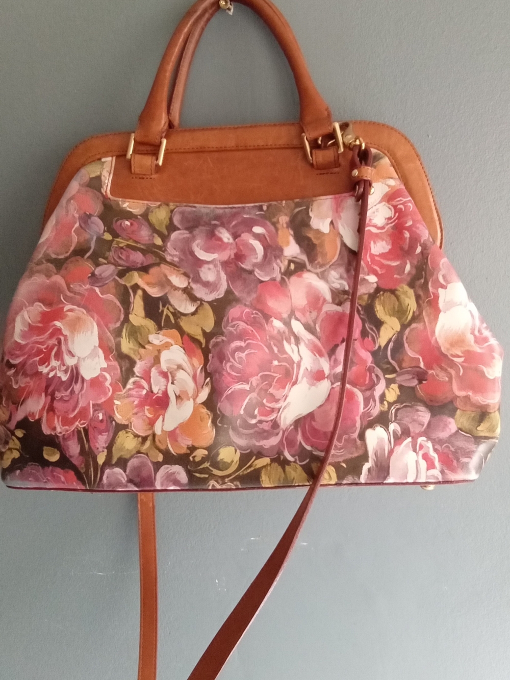 Brahmin Floral Satchel Pink Tan Leather Doctor Bag Crossbody Handbag - Picture 3 of 9